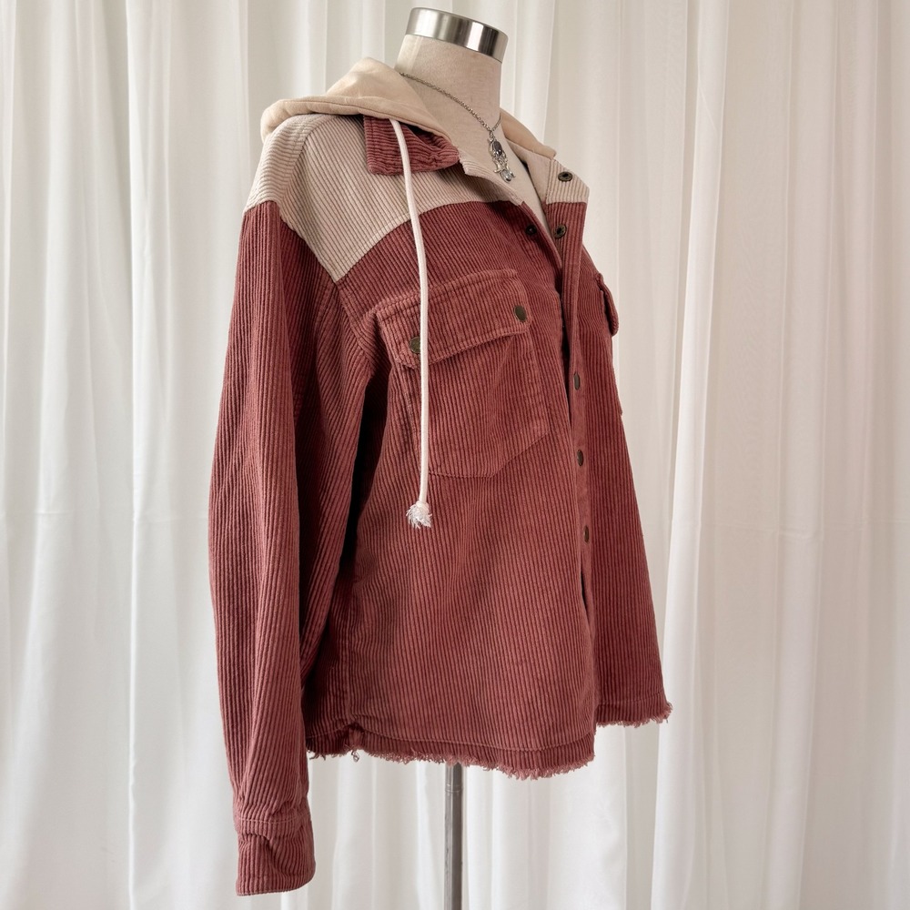 Pink Corduroy Jacket Hooded Button Up Shacket Cream Hood Cozy Layer M - Picture 5 of 5